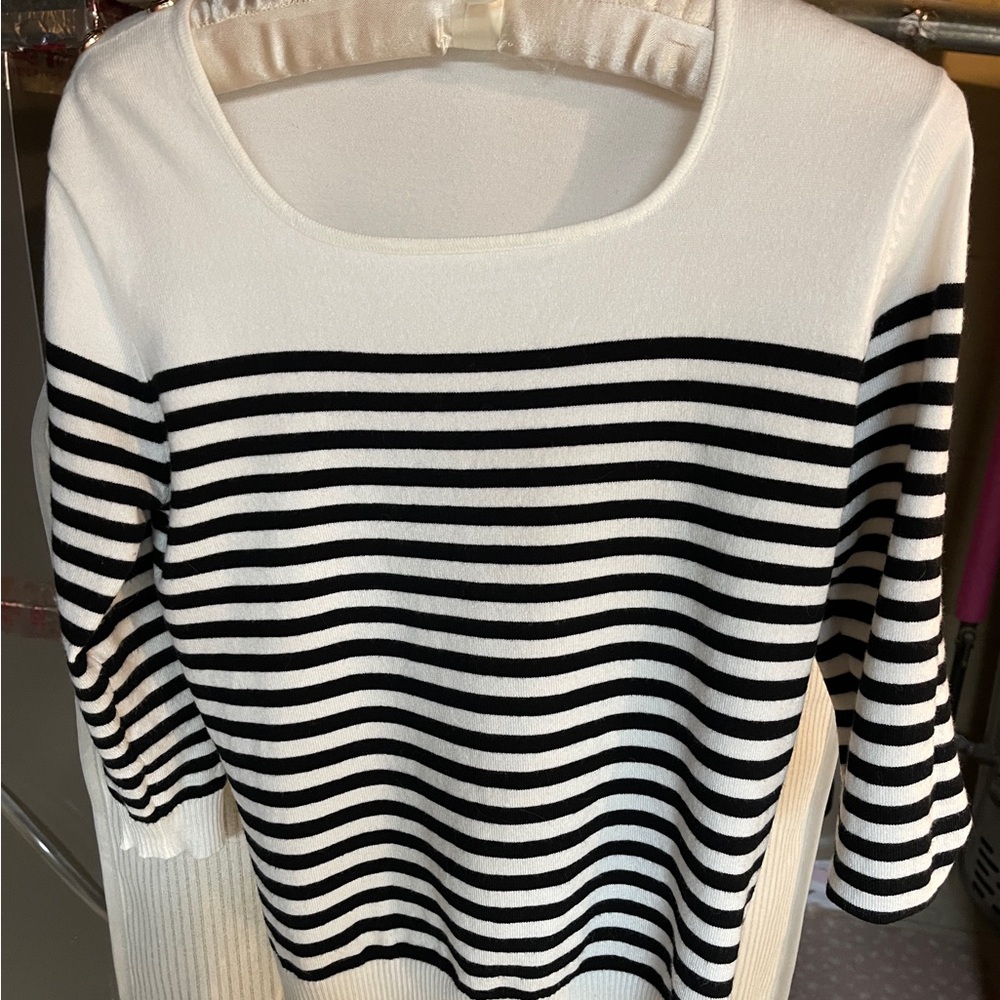 Black and White Striped Square Neck Sweater 3/4 sleeves